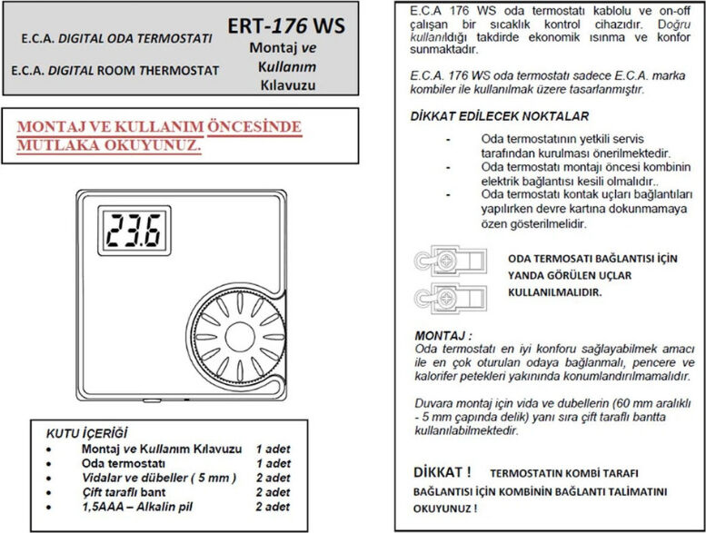 E.C.A Ert-176 Rf Dijital Ekranlı Kablosuz Oda Termostatı